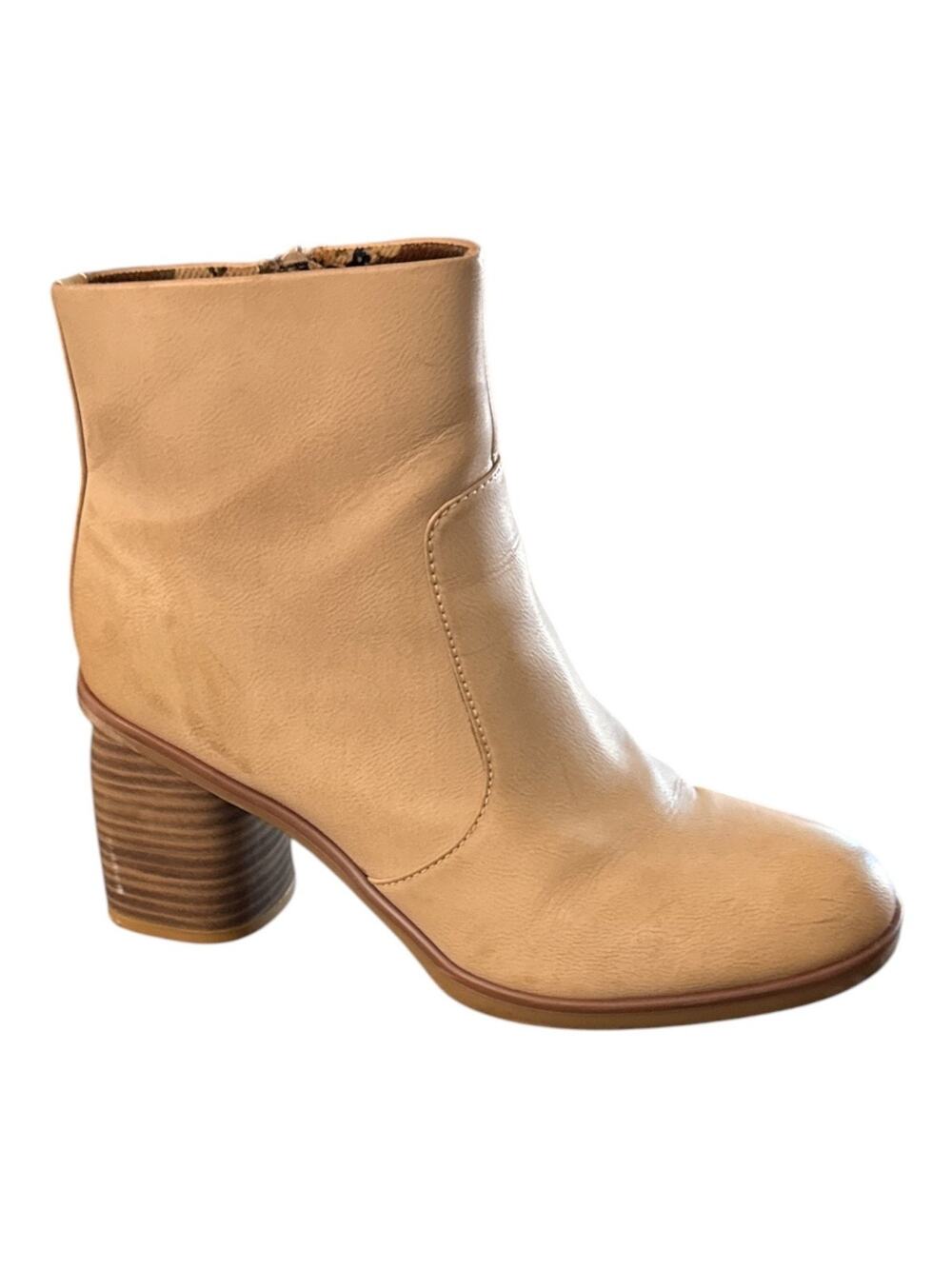 Korks by Kork Ease Destiny Block Heel Ankle Tan Faux Leather Booties Boots SZ 9